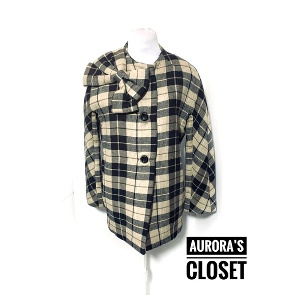 Kate Spade 12Y Tan Plaid Pea Coat Wool Dorothy Bow Neck Women's Medium $198